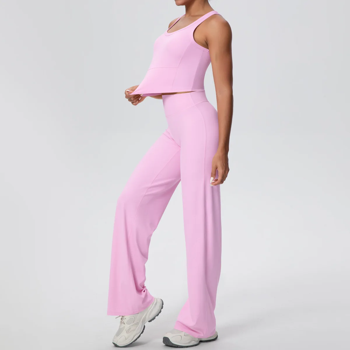 

SEEKSUC Women Double Sided Brushed Solid Color Yoga Suit Breathable Long Wide-leg Pants Shockproof Vest with Pads Gym Sportswear