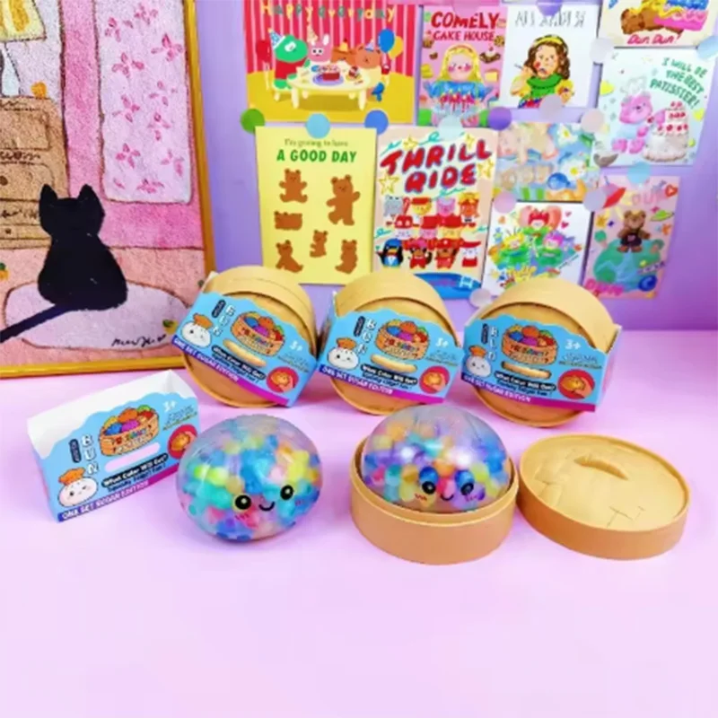 Rainbow Dumpling Squishy with Bead Sensory Squeeze Toy for Stress Relief with Bamboo Steamer Funny Gift