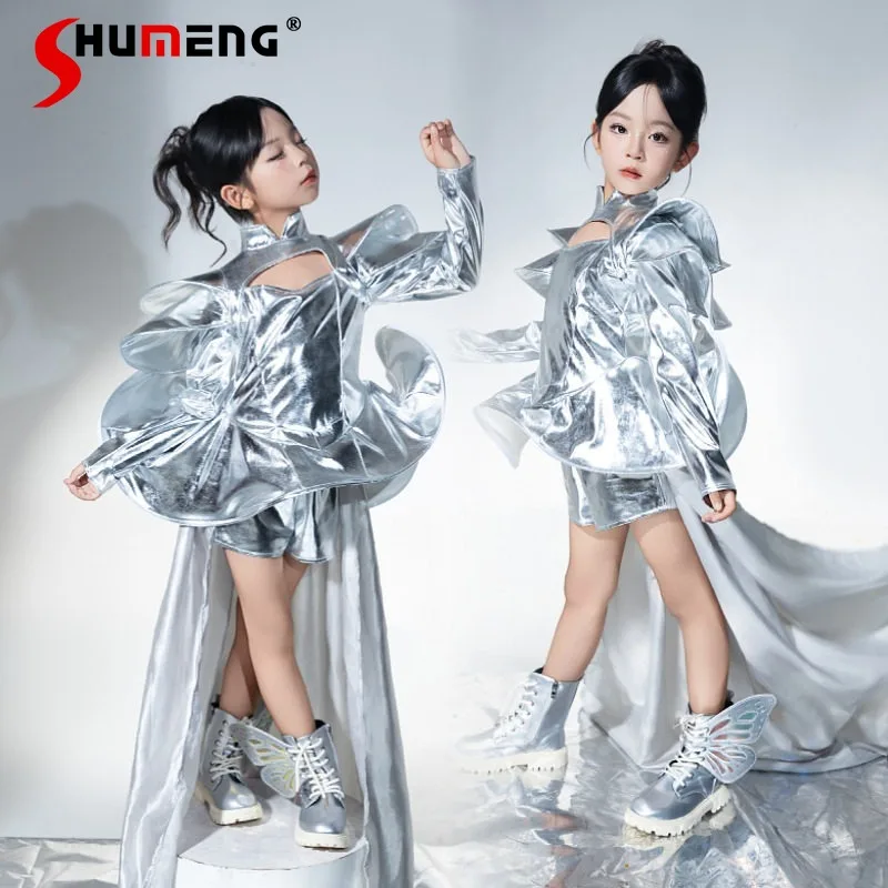 

Комплект для выступлений для девочек: серебряный костюм для балета и танцев, однотонный комплект в стиле панк, детский джазовый танцевальный костюм с накидкой