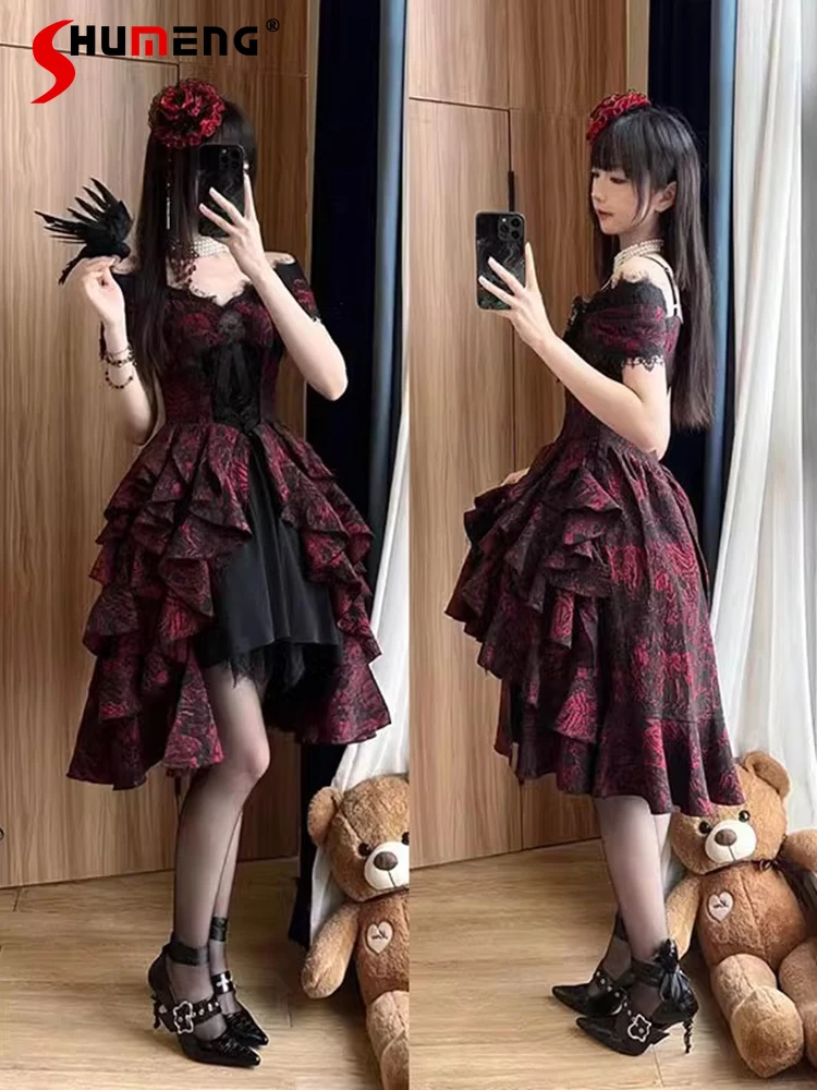 

Dark Punk Sexy Hot Girl Lolita Dress V-neck Sleeveless Print Jacquard High Waist Ruffles Splicing Irregular Dress Women Summer