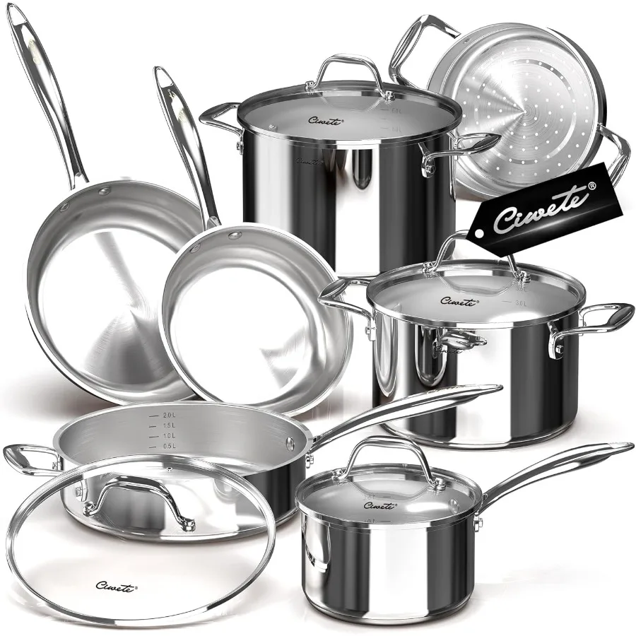 

11Piece TriPly Stainless Steel Cookware Set with Steamer Insert for Induction Stovetops Durable 18 10 Stainless Steel Pots and