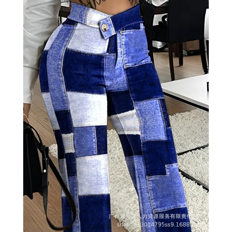 

Y2K INS Clothes Pantalones Long Trousers Streetwear Women Loose Pants Denim Look Print Overlap High Waist Work Wide Leg Pants