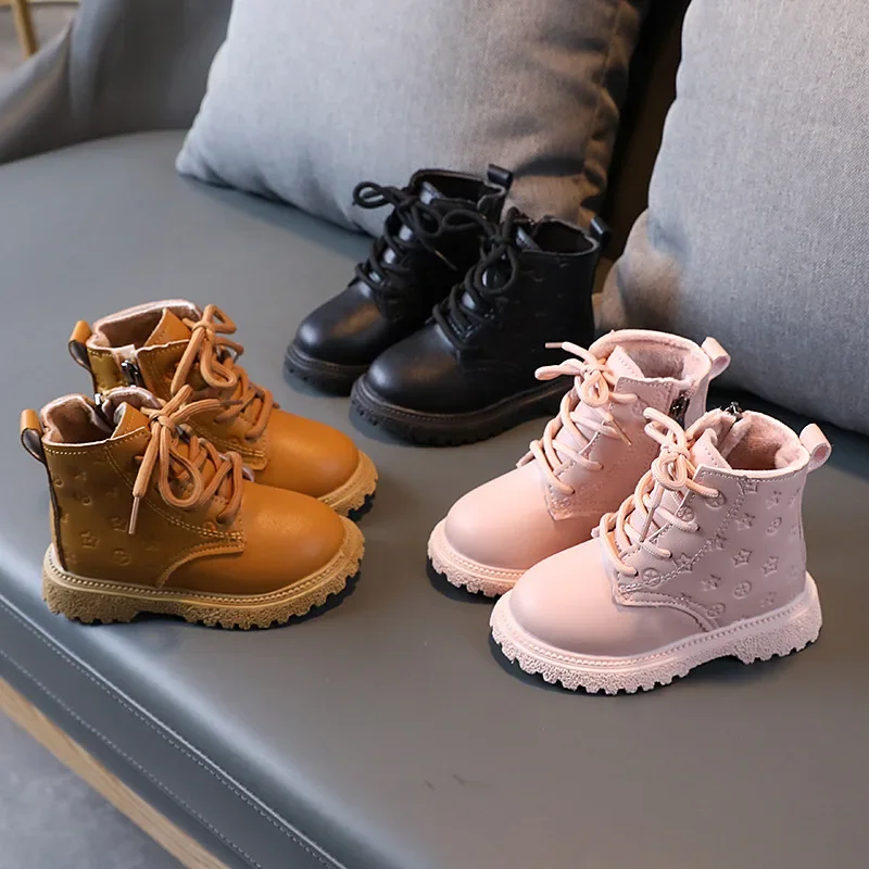 Children Girls Skin Embossing Lace Up Boots Side Zip High-top Solid Color Simple Children's Shoes