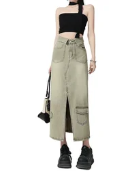 Women Washed Long Denim Skirt Vintage Fashion High Waist Skirt Streetwear Korean All-match Female Irregular A-line Jeans Skirt