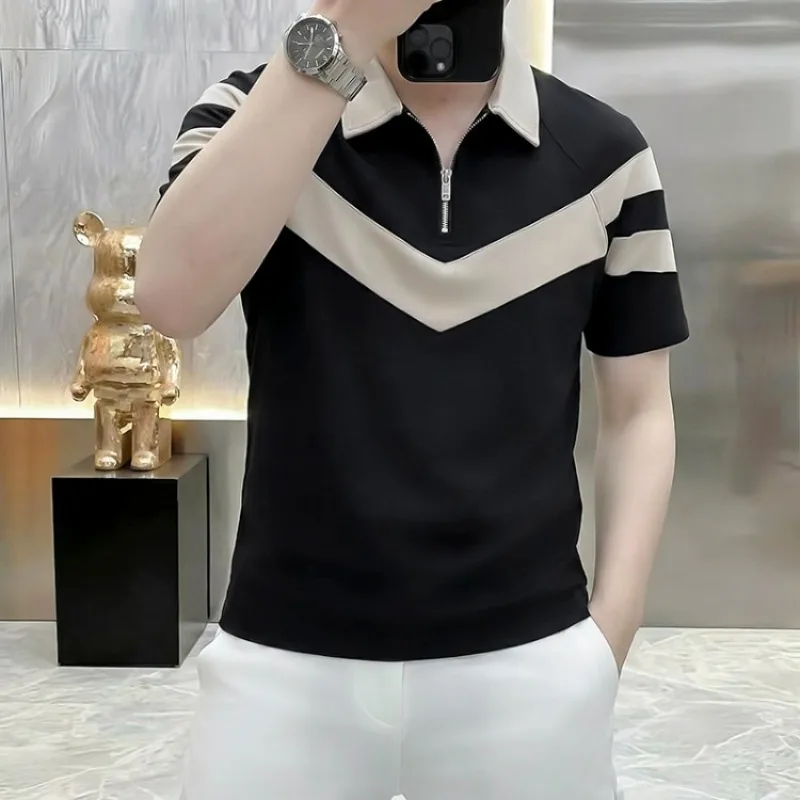 

Мужская модная рубашка-поло с воротником на молнии, комбинированная, повседневная, удобная, универсальная, для бизнеса и отдыха, 2026