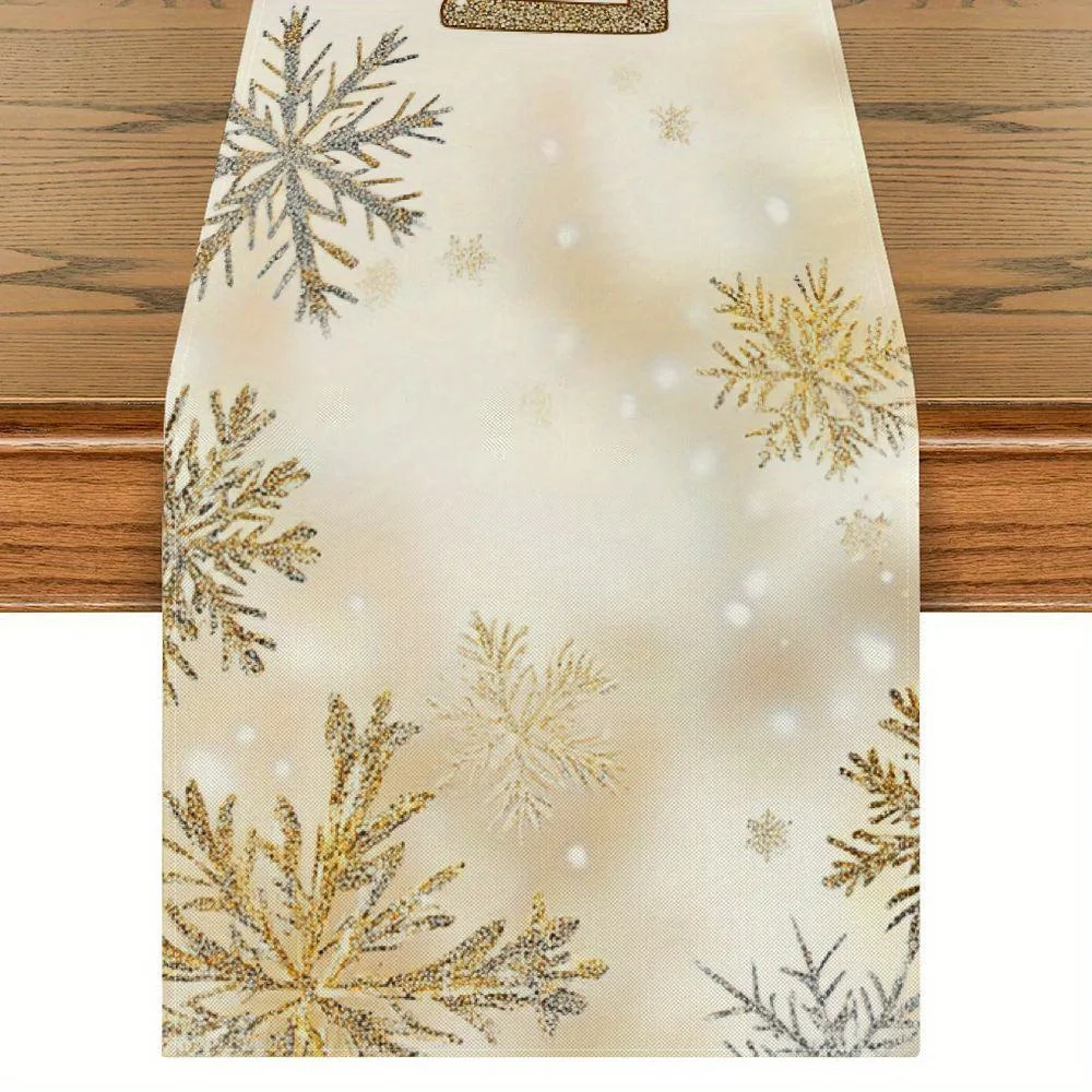 1 Piece of Christmas Snowflake Glitter Gold Table Runner, Light Background Painted with Gold and Silver Snowflakes, Falling Snow Pattern, Suitable for Christmas Dinner, Holiday Party, Classy B&B, Home Decoration, Christmas Market, Warm Tea Party, Girlfriends Party, Holiday Gift Giving