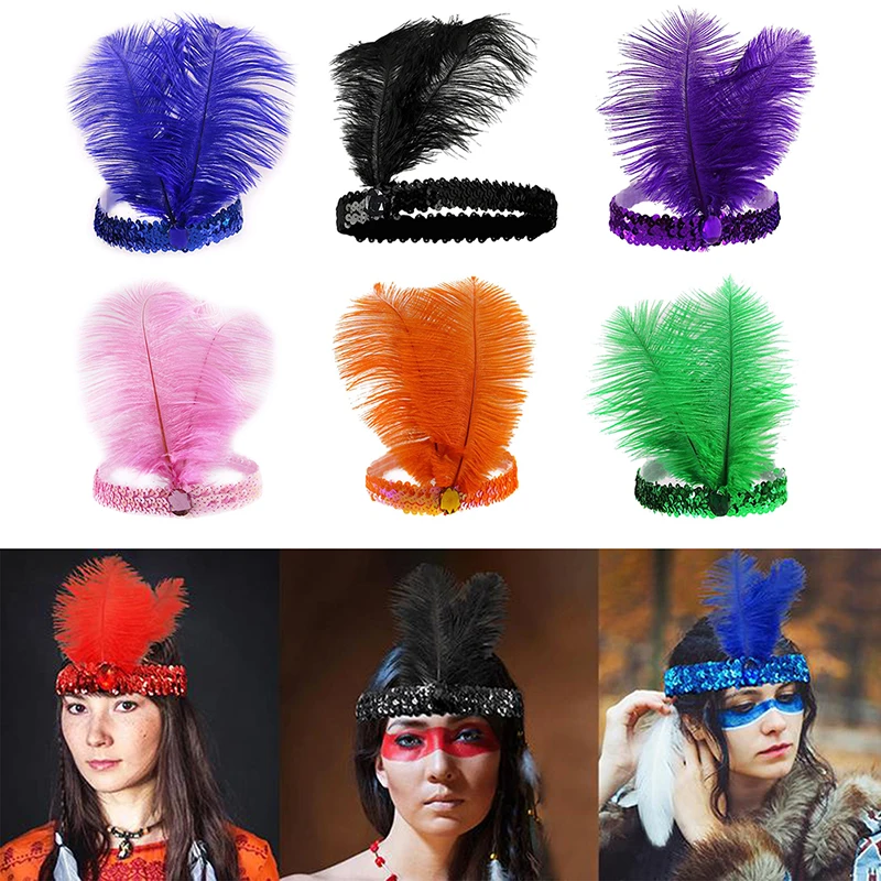 Diadema de cristal de plumas de lentejuelas para mujer, tocado de plumas indias, diadema India para fiesta navideña, accesorios para el cabello de moda