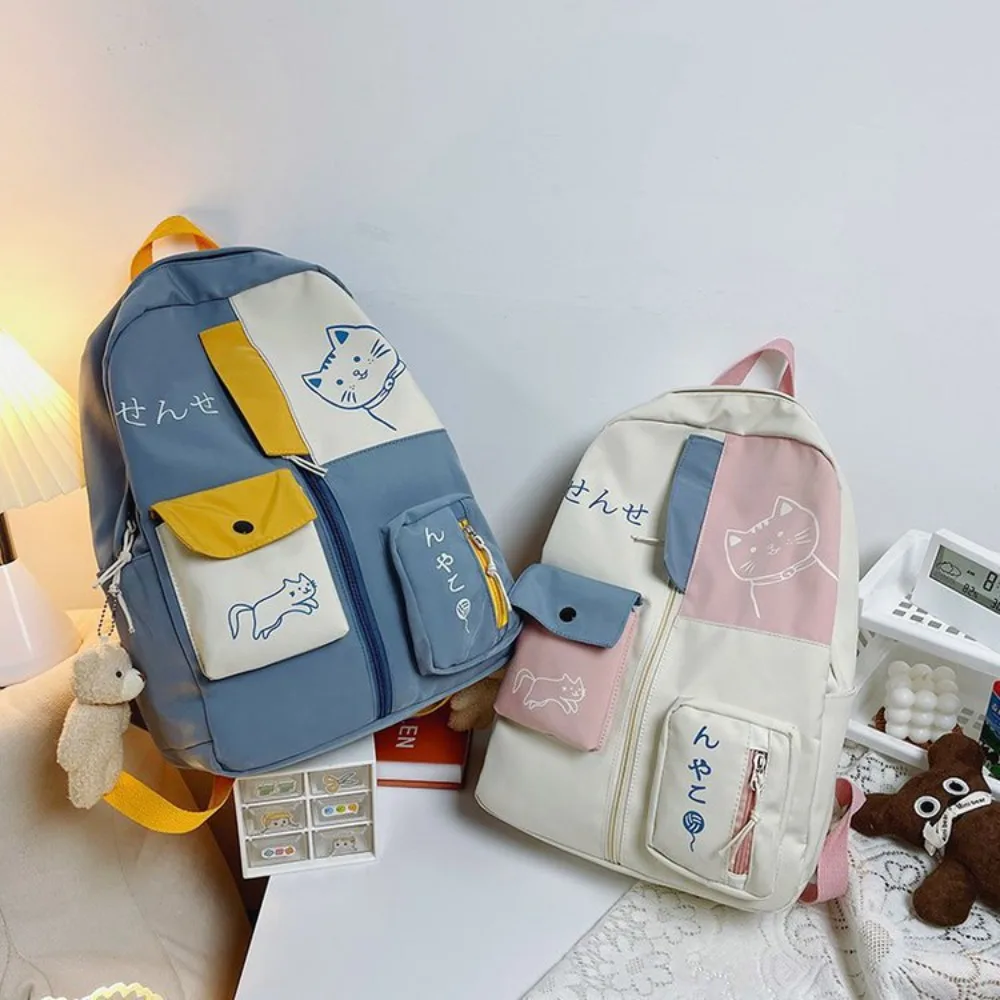 Mochila de viaje impermeable de gran capacidad para mujer, morral escolar de nailon con diseño de gato de dibujos animados, a la moda, para estudiantes