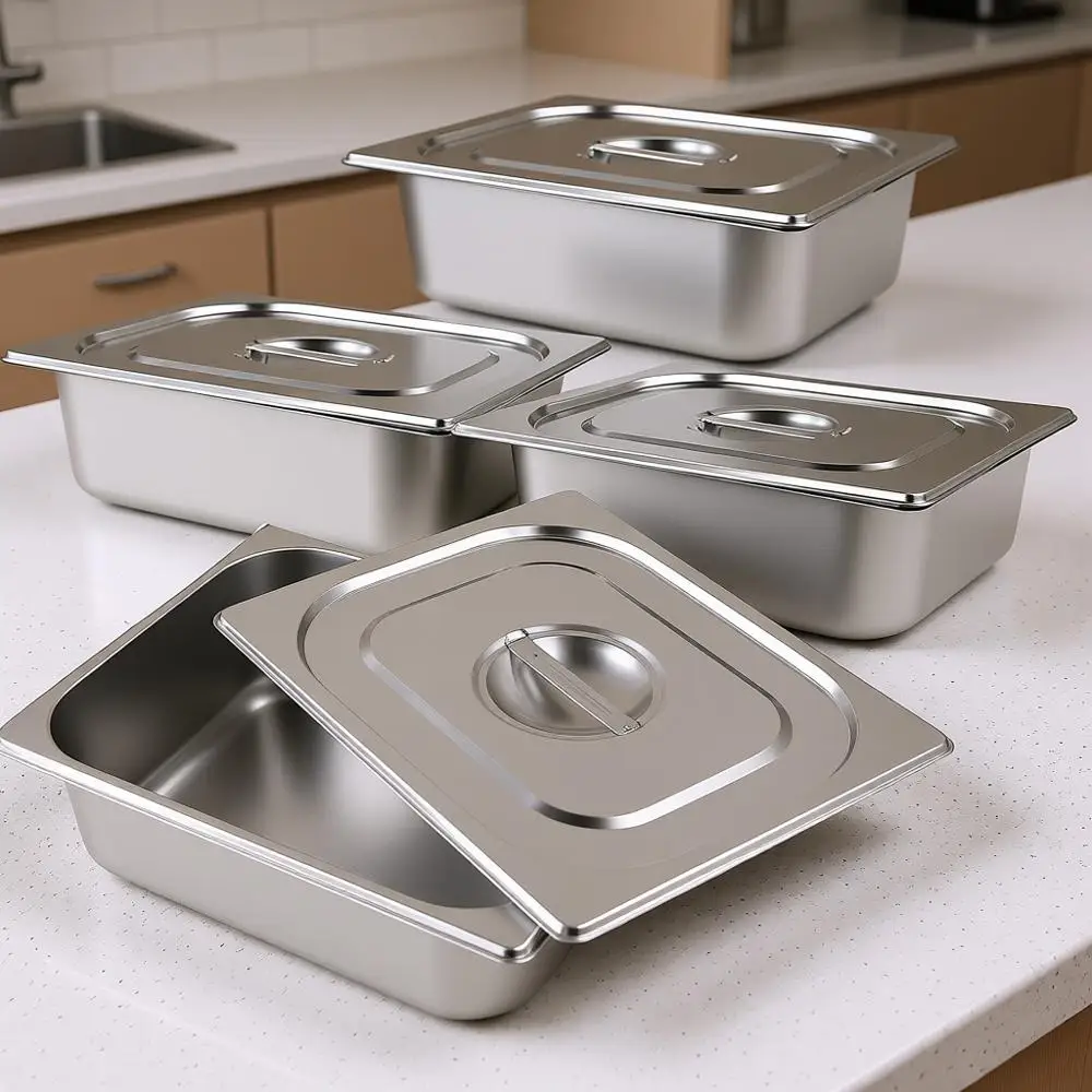 

4 Pack 4 Inch Deep Stainless Steel Steam Table Pans with Lids for Hotels, Restaurants, Catering