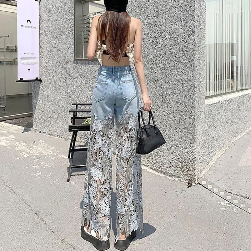 Fashion Elegant Jeans Women High Waist Lace Patchworl Hollow Out Irregular Pantalones Casual Loose Ankle-Length Pants Y2K Summer