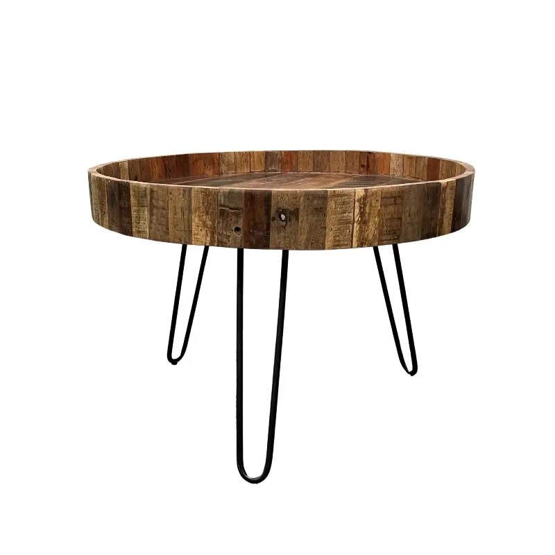 

A set of two round coffee tables in black and natural brown solid wood and iron for living room furniture
