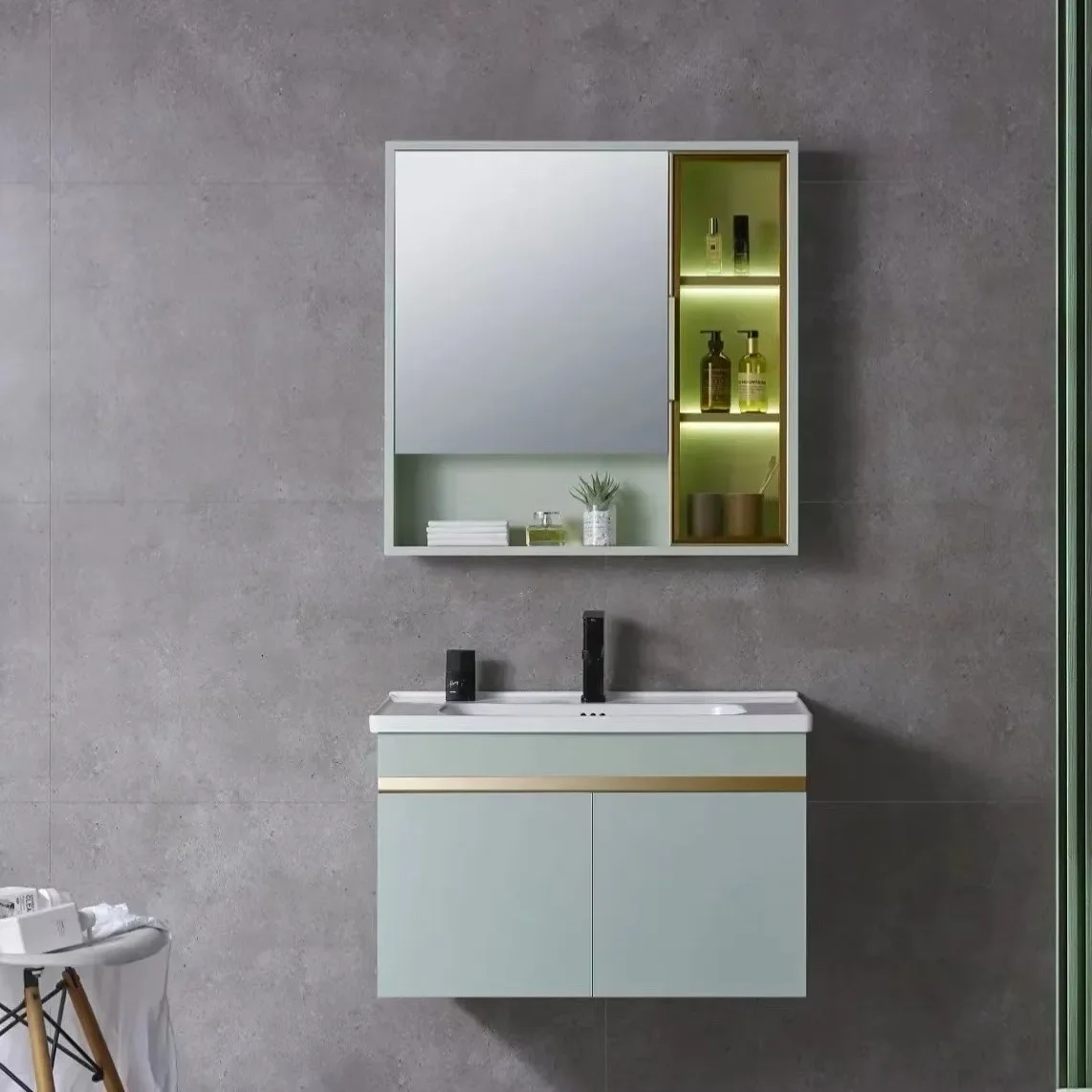 Modern simple bathroom cabinet light green PVC waterproof washing integrated ceramic basin combination bathroom dresser