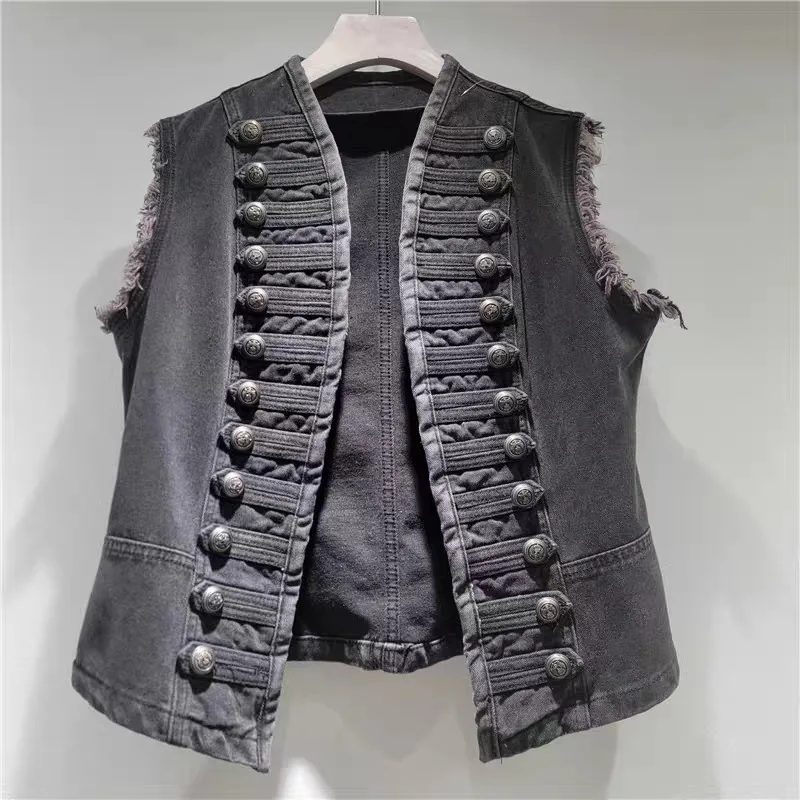 2026 Summer Heavy Punk Denim Vest Women Sleeveless Motorcycle Short Outerwear V Neck Slim Fit Fashion Waistcoat