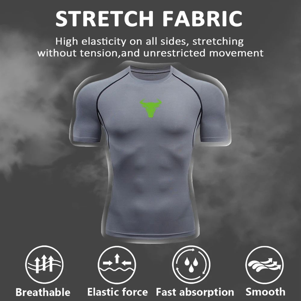 Men's Green Bull Head Print Compression T-Shirt Trendy Fitness Running Sports Short Sleeve Daily Commute Fashionable Outfit