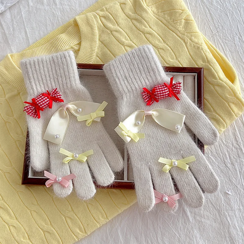 

1 шт., вязаные перчатки с французским милым бантом, подходящие для повседневных поездок на зиму вязаные теплые, изысканные, универсальные, подходящие различные стили