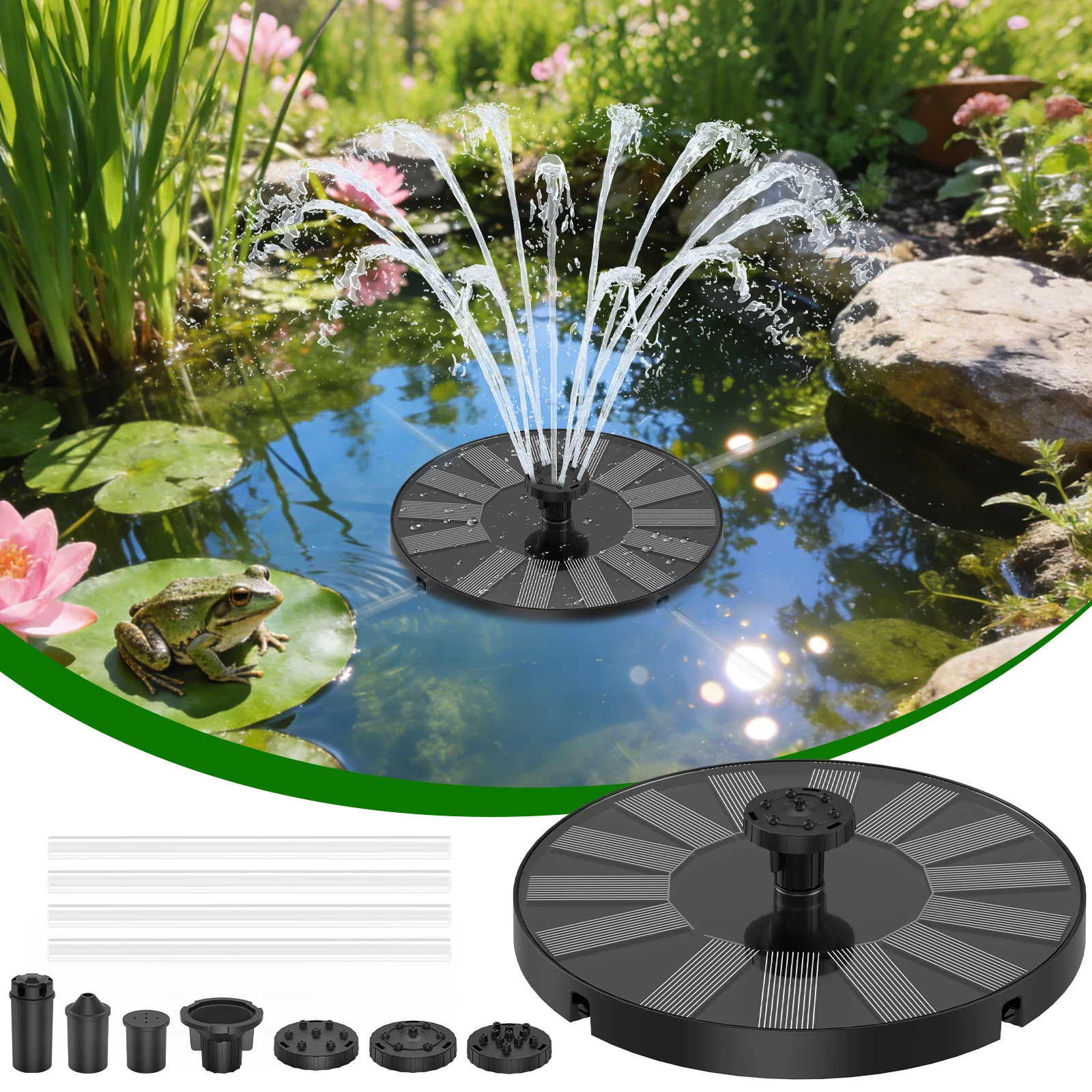 

Солнечный фонтан-дисковый насос для птичьей поилки мощностью 1,4 Вт, без батареек, 6 насадок, различные декоративные эффекты, подходит для использования на улице.