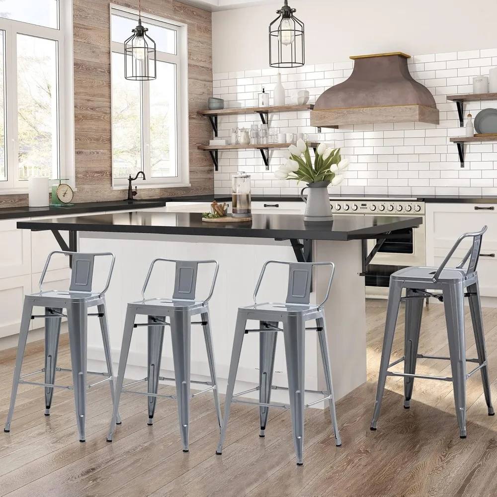 Conjunto de bancos de bar com 4 bancos de altura de balcão, bancos de bar industriais de metal com encostos (26 polegadas, prata)