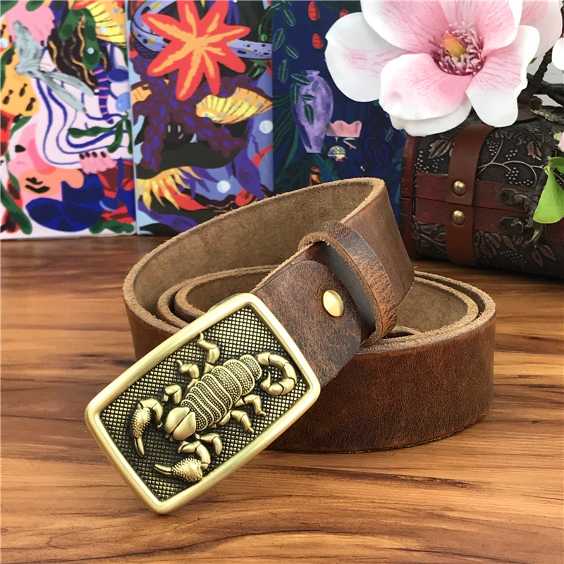 W stylu Vintage mosiądzu klamry pasa pasek z prawdziwej skóry mężczyzna Ceinture żółty pas Cowboy Jeans mężczyzn "pas długi 130CM pasek spodni MBT0006 — zdjęcie 5