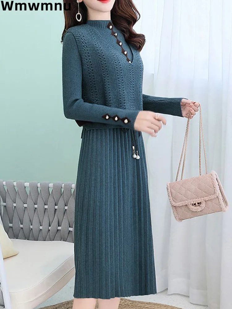 Elegant Lace Up Knitted Dress 2 Piece Set Korean Chic Sleeveless Vest Outfits Casual Knitwear Sweater Mie-length Vestidos Suits