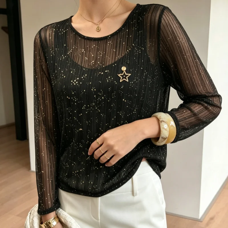 New Fall Women Round Neck Long Sleeve Mesh Blouse, Gold Glitter Sheer Top With Star Brooch, Casual Office Lightweight Shirt
