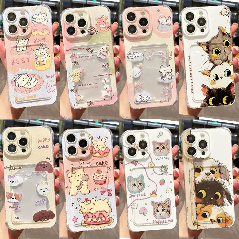 Cute Sweet Animals Dog Cat Wallet Phone Case For Samsung Galaxy A17 A07 A55 A35 A56 A36 A26 A15 A14 A05 A05S A06 Clear Cover