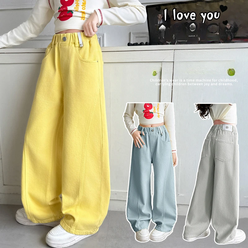 2025 Spring Girls Jeans Curved Hem Trendy Wide-Leg Denim Pants for Teens Stylish Comfort Casual Wear Kids Trousers 10 12 Years