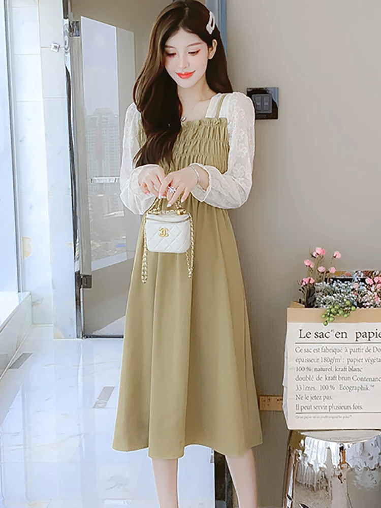 

Spring Summer Fashion Patchwork White Embroidery Long Sleeve Dress Women Elegant Home Dress 2025 Korean Chic Bodycon Party Dress