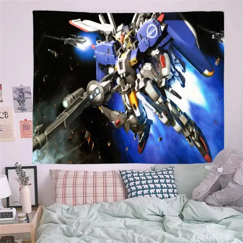 1PC Blue White Mecha Robot Gundam Space Theme Tapestry, Detailed Dynamic Scene with Light Effects, Wooden Desk Background Wall A
