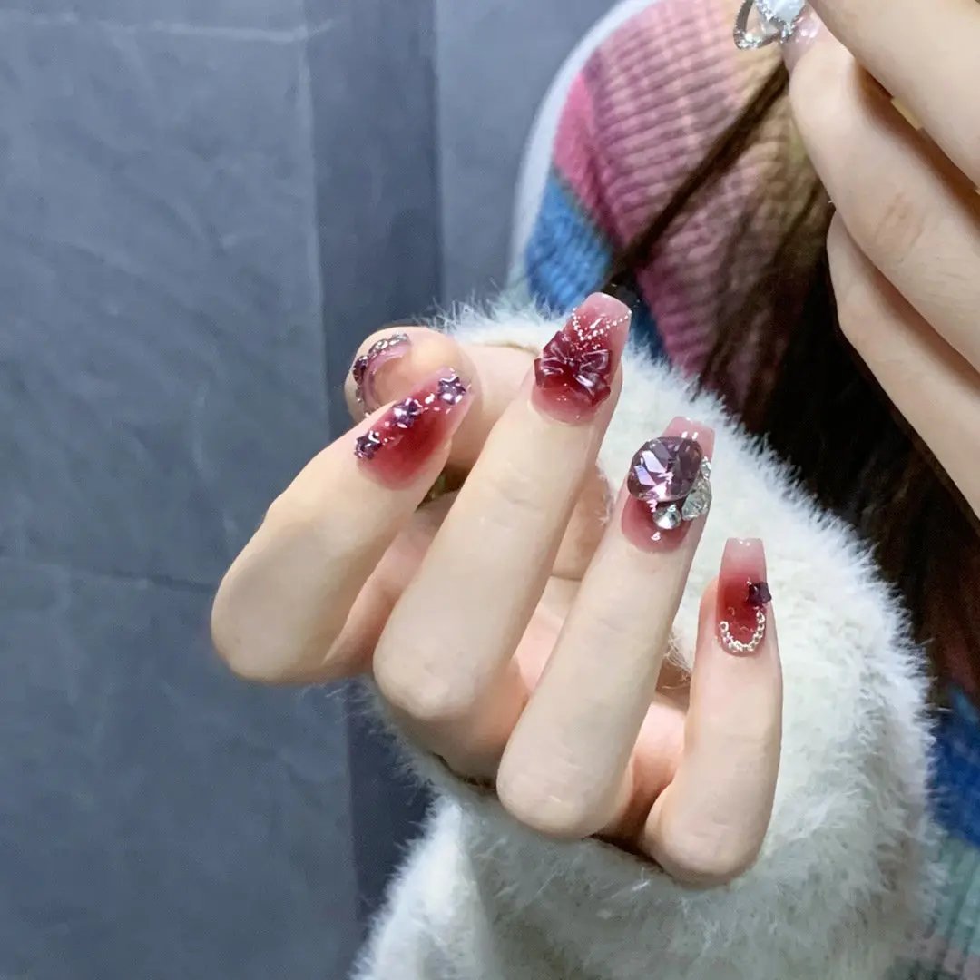 Emmabeauty Handmade Romantic Press On Nails - Wine Red Color with Falling in Love Theme - Beautiful and Lovely No.24376