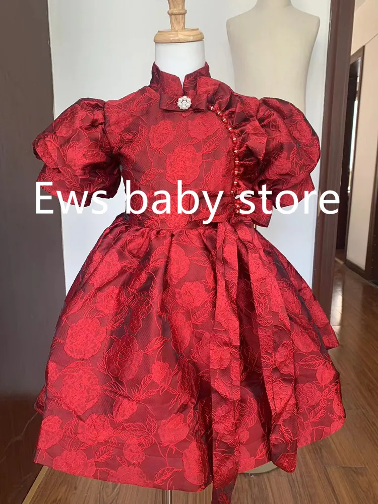 Summer New Children\'s Princess Ball Gown Kids Bow Puff Sleeve Design Wedding Birthday Baptism Party Red Dresses For Eid A2051