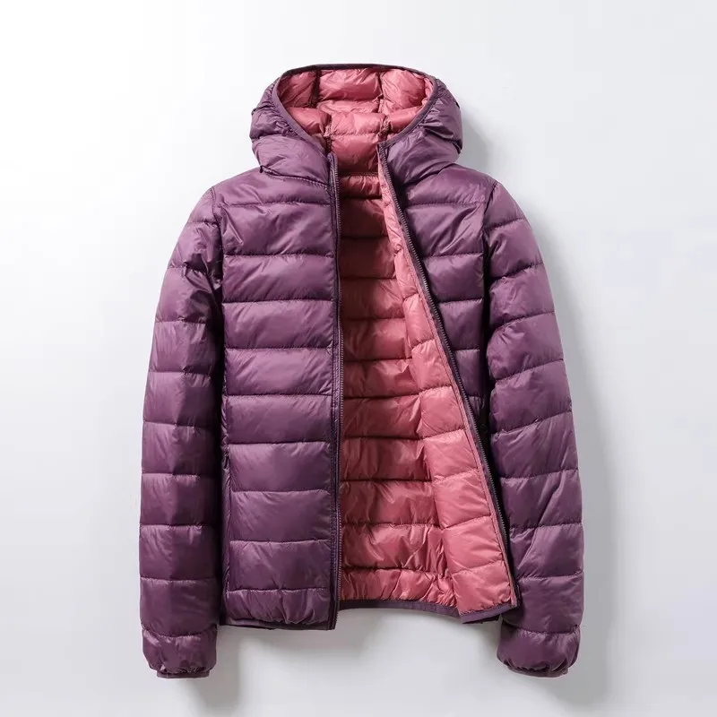 Two-sided Hooded Down Coat Autumn Winter Women Ultra Light White Duck Down Jacket Parkas Female Short Bigszie Puffer Outwears