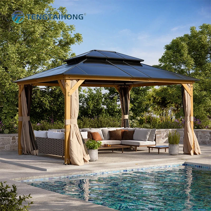 Resort Style Aluminum Frame Hardtop Double Roof Ventilated 3x3m 3x4m Curtains Outdoor Pavilion Pergola for Poolside Patio Pro