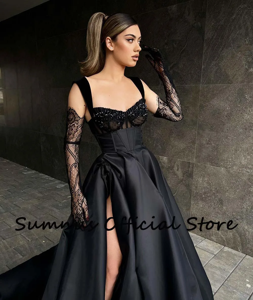 Sumnus Black A Line Beads abiti da festa corsetto in raso drappeggiato con spacco laterale abiti da sera lunghi con abiti da evento in treno personalizzati