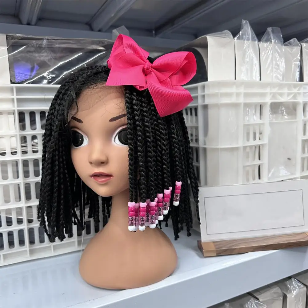 Kids African Ponytail Wig with Colorful Bows Beads High Temperature Wire Children Wig with Beaded Ponytails Hair Decoration Wig