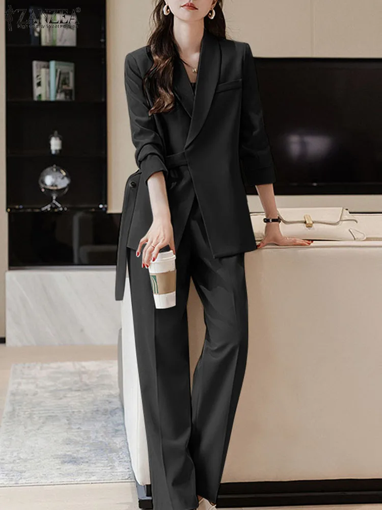 2PCS Fashion Long Sleeve Tops Trousers Suits ZANZEA Elegant Women OL Work Blazer Suits Casual Solid Wide Leg Pant Sets Tracksuit