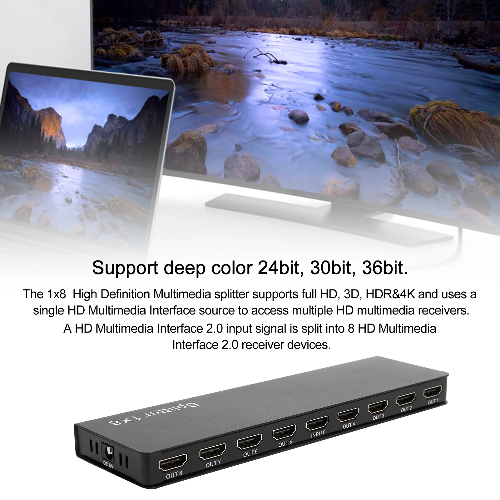 100‑240V F118 8 Ports 1 In 8 Out HDMI 1.4 Splitter Audio Video 1080P Distributor Prise EU