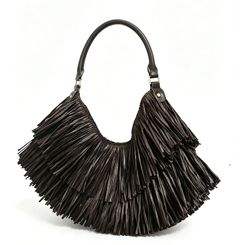 Bohemian Straw Beach Tote Bag with Tassel - Large Capacity