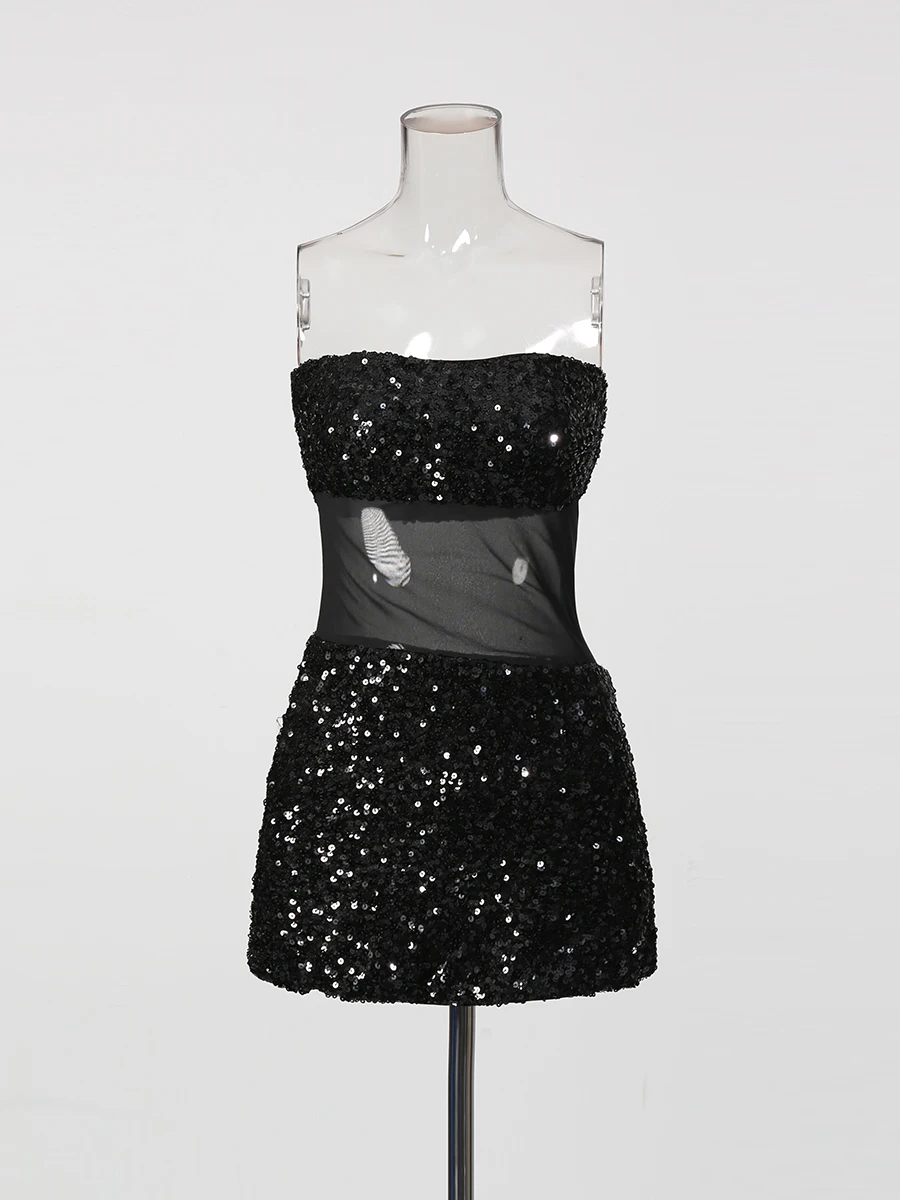 TWOTWINSTYLE Slimming Sheer Spliced Sequins Sexy Dresses for Women Strapless Sleeveless Fashion Mini Dress Female Clothing New