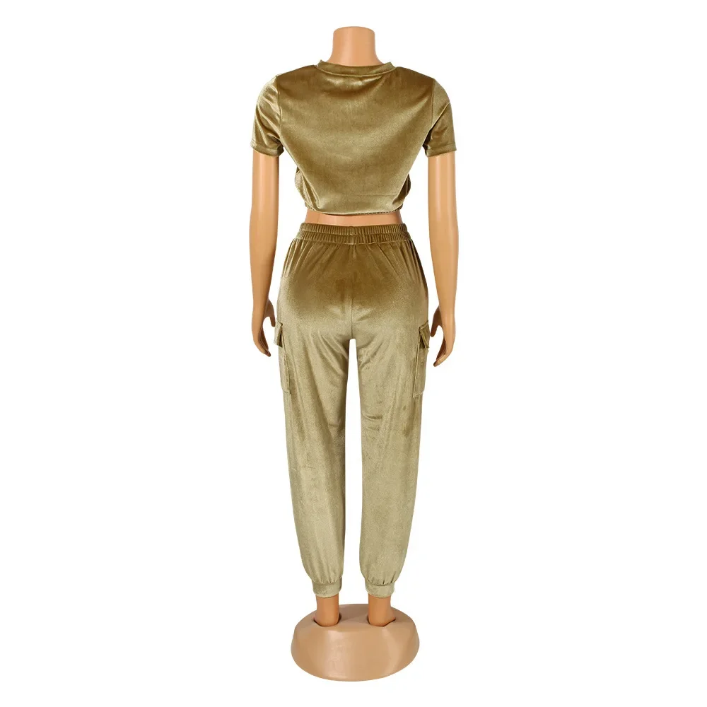 Active Velvet Women Pants Suit +Short Sleeve O-neck T-shirt Casual 2024 Cargo Street Two 2 Piece Set Outfits Tracksuit