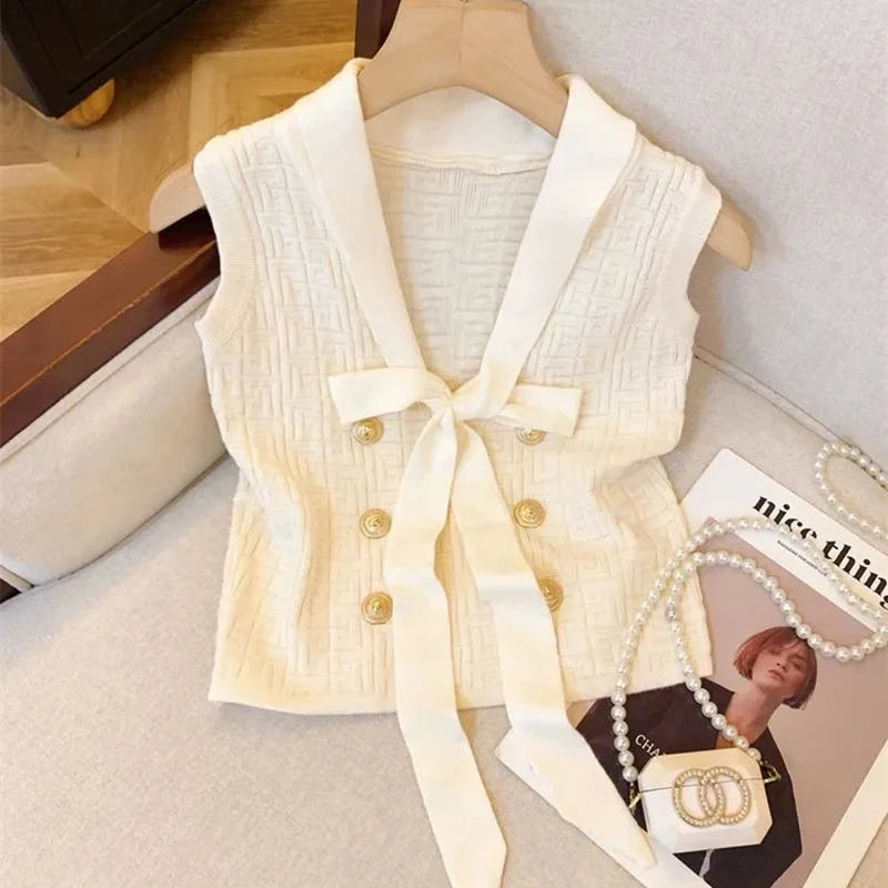 Elegant Jacquard Knitted Vest Women Summer Thin Bow Lace Up V Neck Camis Korean Sexy Slim Chic Sleeveless Tank for Female New
