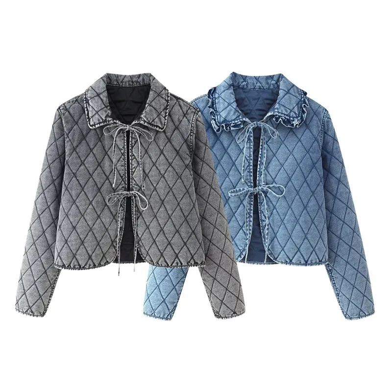 

Retro Casual Short Jackets Women Fashion Bow Lace Up Lapel Long Sleeve Denim Quilted Jacket 2025 Autumn Loose Cardigan Outercoat