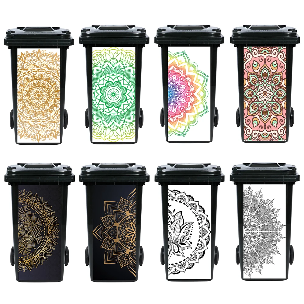 Black Gold Mandala Trash Can Art Mural Decals Waterproof Outdoor Garbage Can Auspicious Flower Decorative Dustbin Sticker