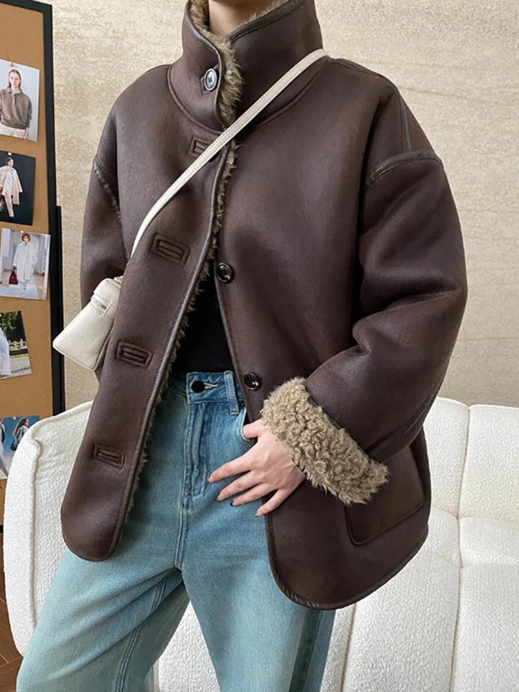 [LANMREM] Double Sided Wear Faux Fur Coats For Women Lapel Single Breasted Office Lady Thick Warm Outwear 2024 Winter New