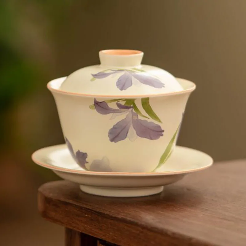 Beige Glazed Purple Iris Flower Pattern Tea Tureen Kungfu Tea Set Household Tea Infuser Bowl Drinking Accessories