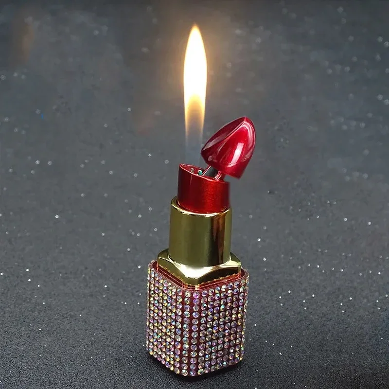 New Diamond Lipstick Lighter Butane Gas Inflatable Lighter Ladies Open Flame Lighter High-end Cute Girls Smoking Gift