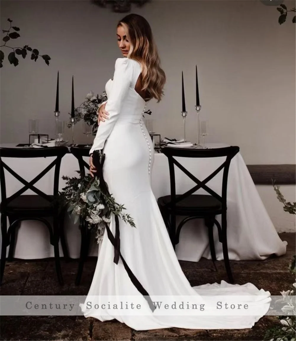 Simple Wedding Dress for Women Bride Mermaid Bridal Gowns Long Sleeve Square Neck Backless Robe de Mariee Nouveaute Customized