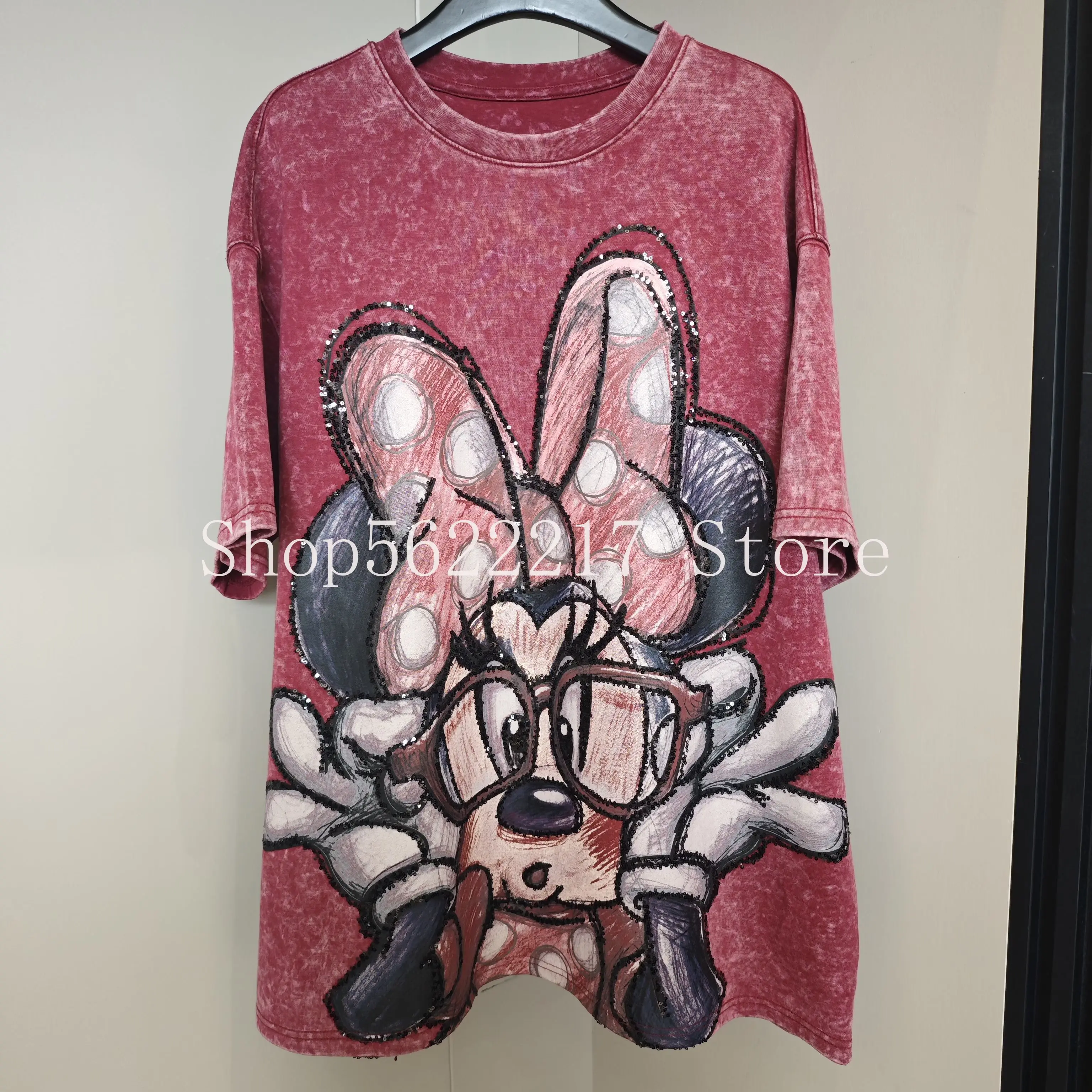 

2025 New Autumn All-match Red Cotton T-shirt Embroidery Sequins Minnie Oversize Pullover Top Round Neck Mid-long Bottoming Tees