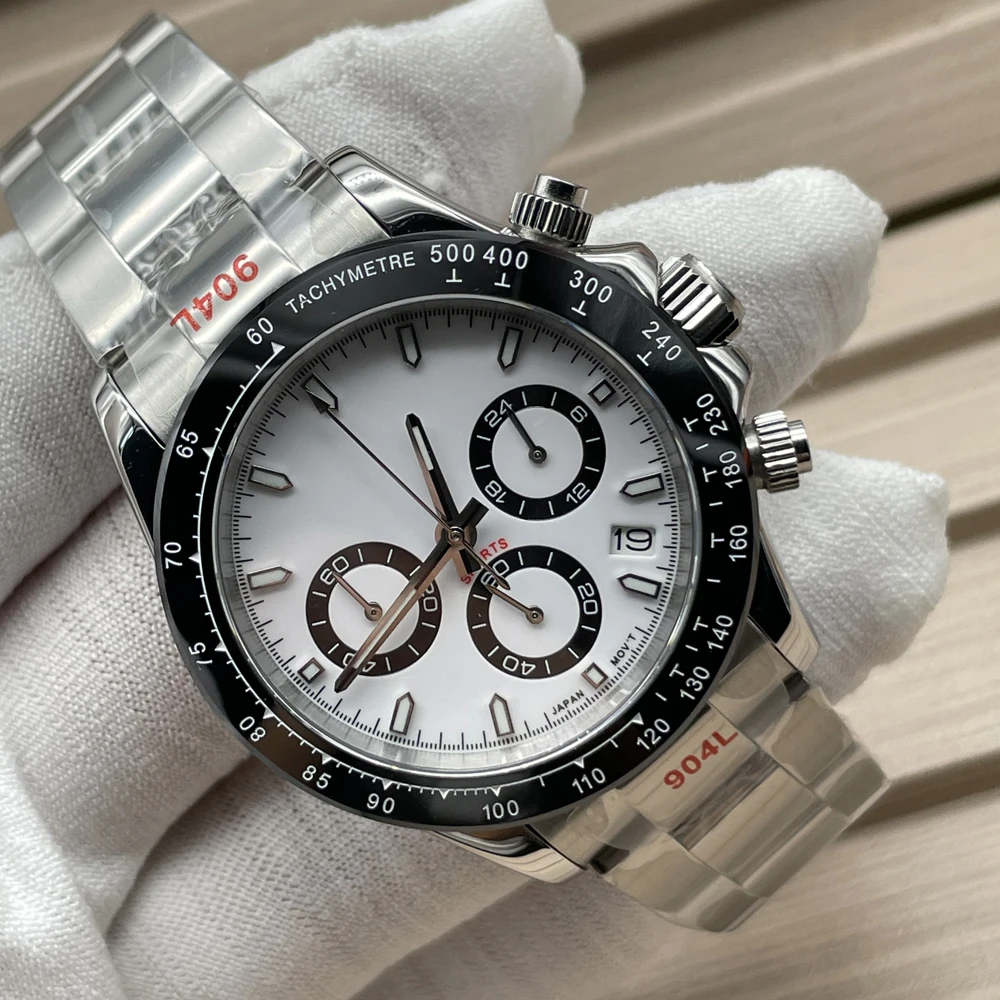 Luxury 40mm Panda VK63 Movement Sapphire Mirror Unmarked 904L Stainless Steel Strap Multifunctional Chronograph Quartz Watch