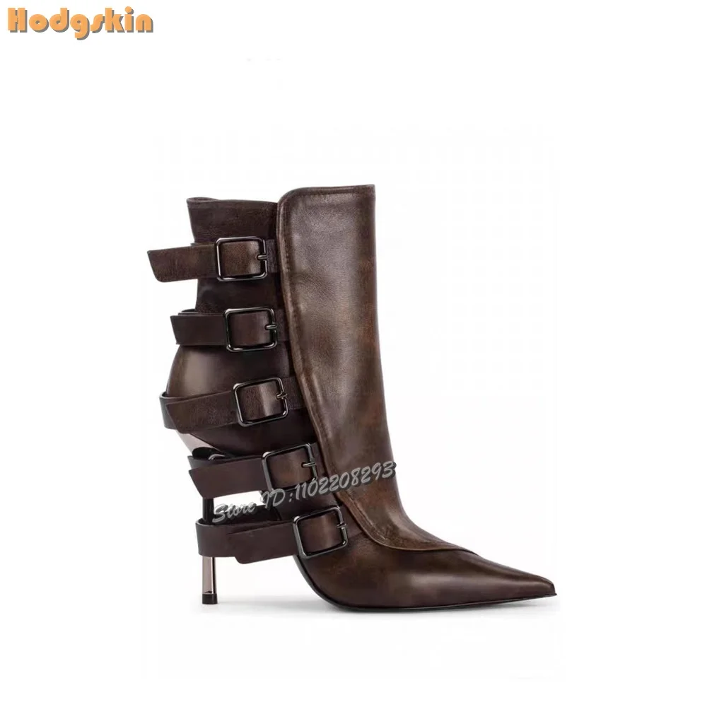 Retro Belt Buckle Stiletto Short Boots Pointed Toe Side Zipper Mid-calf Boots 2025 Autumn Catwalk Fashion Women High Heels Shoes - Image 5