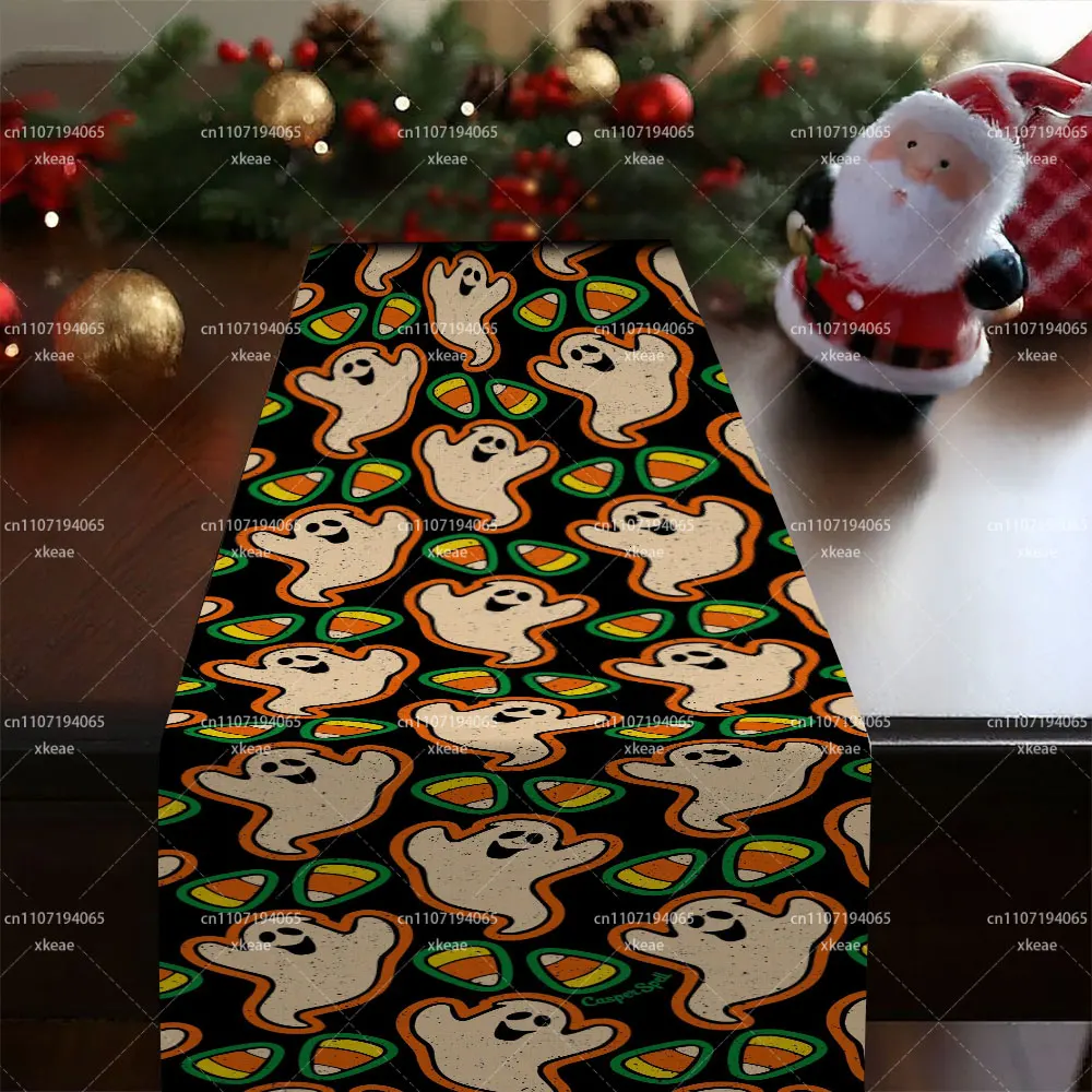 Halloween Cute Ghost Candy Corn Table Runner, Retro Spooky Ghost Pattern Tablecloth Runner, Black Background Holiday Fabric
